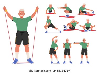 Old Male Character Sport Exercises Vector Set. Whitehaired Elderly Man, Exercising His Arm Joints With A Resistance Band, Squatting, Workout with Stretching Band, Lifting Dumbbells, Meditate or Bend