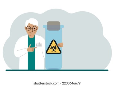 Un viejo médico o científico sostiene un tubo de ensayo con una etiqueta de advertencia de riesgo biológico o virus. Riesgo biológico. Ilustración plana del vector