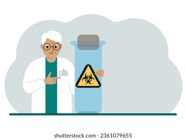 A old male doctor or scientist is holding a test tube with a biohazard or virus warning label on it. Biological hazard.