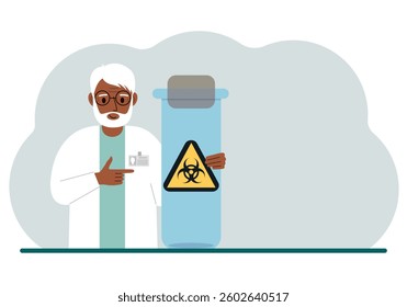 A old male doctor or scientist is holding a test tube with a biohazard or virus warning label on it. Biological hazard. Vector flat illustration
