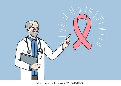 Old Male Doctor In White Medical Uniform Point At Pink Ribbon Raise Awareness Of Oncology. Man Oncologist Talk About Cancer And Treatment. Healthcare And Medicine. Vector Illustration. 