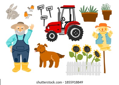 An old male farmer works on the farm. Local food, tractor, dog, rabbit, stuffed animal, birds. Vector simple drawing