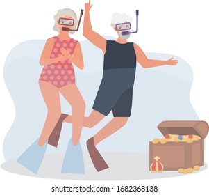 Old male and female practice sea, scuba diving concept, vector illustration on white background. Older people do exercises, activities elderly character, sporty time for old people. Simple flat style.