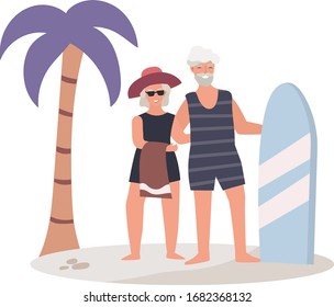 Old male and female traveling in tropical island with palm tree do surfing vector illustration white background. Older people exercises, activities elderly character. Simple flat style. Travel