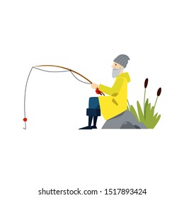 A old male fisherman catches fish and goes fishing. Old man fishing with a fishing rod. Isolated vector flat illustration of a fisherman.