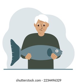 Un anciano pescador sostiene un gran pez, orgulloso de la buena pesca o la caza. Hobby, concepto de pesca. Ilustración plana del vector