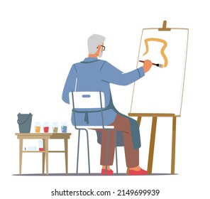 Old Male Painter Character Hold Paintbrush in Hand Drawing with Paints on Easel in Art Studio Rear View. Isolated Senior Man Artist Creative Occupation, Aged People Hobby. Cartoon Vector Illustration