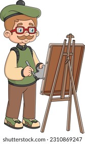 Old Male Painter Character Hold Paintbrush in Hand in Front of Canvas on Easel Drawing with Oil Paints of illustration