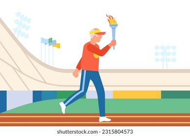 Old male runner carries torch with Olympic flame. Man running through stadium. Sport competitions. Champion holding burning fire. Athletic tournament. Opening ceremony