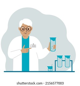 Old male scientist with flasks. Experimental scientist, laboratory assistant, biochemistry, chemical, scientific research. Vector flat illustration
