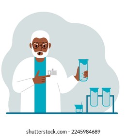 Old male scientist with flasks. Experimental scientist, laboratory assistant, biochemistry, chemical, scientific research. Vector flat illustration