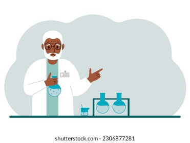 Old male scientist with flasks. Experimental scientist, laboratory assistant, biochemistry, chemical, scientific research. Vector flat illustration for banner, advertisement or web.
