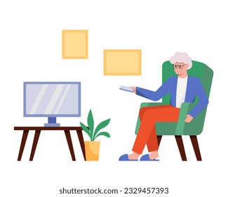 Old male sitting in armchair, holding remote control and switching channels on TV. Senior man spending time and resting at home. Happy old age concept. Colorful vector flat illustration