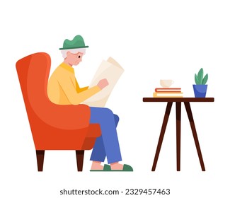 Old male sitting in armchair, holding newspaper and reading news. Senior man spending time and resting at home. Happy old age concept. Colorful vector flat illustration