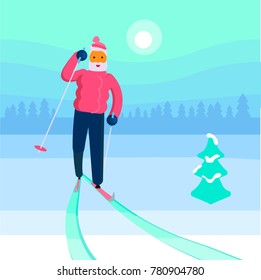 old male skier in sunny day on a background of snowy forest. Vector illustration eps 10