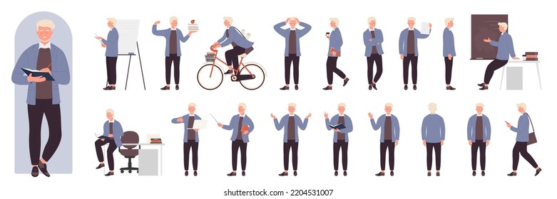 Old Male Teacher Poses Set Vector Illustration. Cartoon Man With Beard Standing, Thinking And Teaching, Professor With Stick Explaining On Lecture In Front, Side And Back View Isolated On White