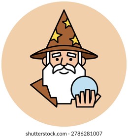 Old male wizard with a mustache and beard, wearing a brown cone-shaped pointed hat, holding a small crystal ball with exactly five fingers. Flat mascot vector illustration.
