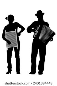 Old man with an accordion. Isolated silhouette on white background
