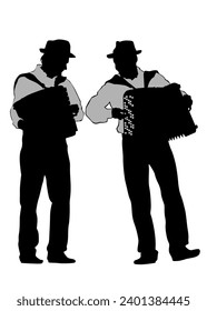 Old man with an accordion. Isolated silhouette on white background