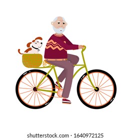 Old man activity. Senior rides on bicycle with his dog. Healthy activity lifestyle for retiree concept in vector. Grandfather is on bicycle for exercise.