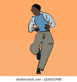 A old man African-American dances. Isolated by a male silhouette on an orange background. A man wearing pants, shirt and vest. The African man runs and says.