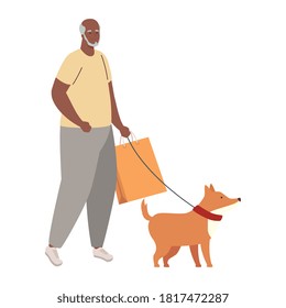 old man afro with bag shopping, walking with dog mascot in white background vector illustration design