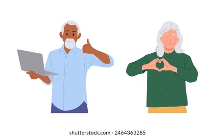 Old man and aged woman cartoon characters gesturing thumbsup like sign and heart love symbol