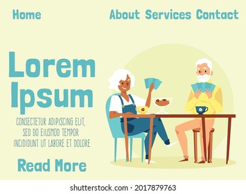 Old man and aged woman playing in card games. Seniors family or elderly friends entertainment together at home or retirement center. Vector illustration. Landing pages template.