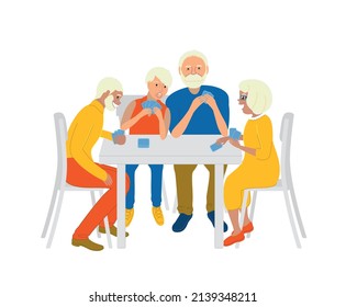 Old man and aged woman playing in card games, flat vector illustration.  Elderly people card club or nursing house.
