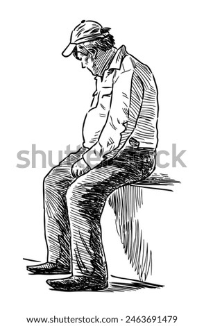 Old man alone sitting sad outdoors, realistic, sketch, vector, hand drawn, isolated on white