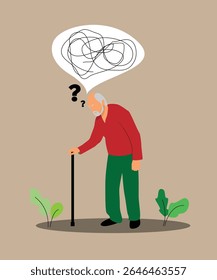 Old Man with Alzheimers Disease Messed up Thoughts and Bad Memory. People and lifestyle concept vector art