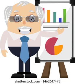 Old man with analytics table, illustration, vector on white background.