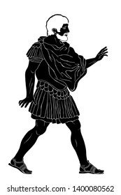 An old man ancient Roman warrior in armor stands, speaks and gestures. Vector illustration isolated on white background.