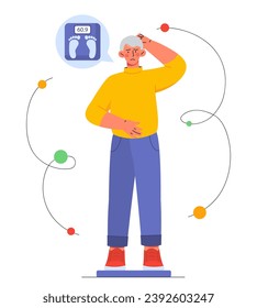 Old man with andropause concept. Elderly guy at weights. Hormonal problems. Health care, medicine and treatment. Poster or banner. Cartoon flat vector illustration isolated on white background
