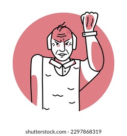 Old man with angry emotion, facial expression with hands. Annoyed grandfather with white hair, expressing her negative feelings with gestures. Red vector circle icon.