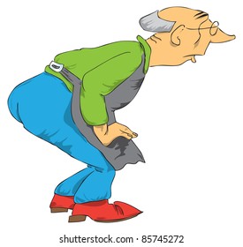 Old man in an apron stares through his glasses. Cartoon