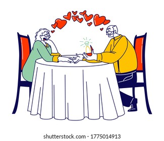 Old Man Ask Woman Marry him in Restaurant Giving Ring. Romantic Relations, Meeting. Happy Loving Couple of Senior Characters Dating. Declaration of Love, Engagement. Linear People Vector Illustration