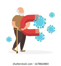 Old man is attacked by crown viruses. Grandfather holds a magnet in his hand and attracts viruses and infections. The virus is scary. Protecting the elderly. Modern diseases. Vector illustration.