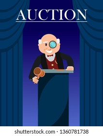 Old Man Auctioneer with Hammer between Curtains Poster. Cartoon Character with Eyeglass or Monocle and Gavel Vector Illustration. Highest Bidder in Final Lift. Auction House for Buyers.