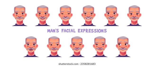 Old man avatar with different facial expression vector set. Mature person head icon with happy, surprised, angry, wink and scared face isolated clipart collection. Human portrait with mood reaction