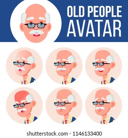 Old Man Avatar Set Vector. Face Emotions. Senior Person Portrait. Elderly People. Aged. Facial, People. Positive. Cartoon Head Illustration