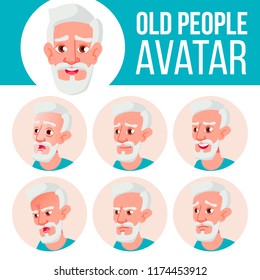 Old Man Avatar Set Vector. Face Emotions. Senior Person Portrait. Elderly People. Aged. Beauty, Lifestyle. Cartoon Head Illustration