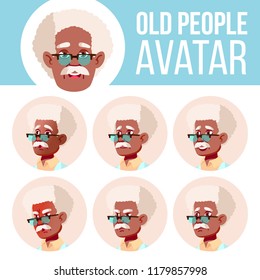 Old Man Avatar Set Vector. Black. Afro American. Scientist, Doctor. Face Emotions. Senior Person Portrait. Elderly People. Aged. Head, Icon. Happiness Enjoyment. Cartoon Head Illustration
