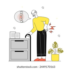 Alter Mann mit linearen Rückenschmerzen. Ältere Person mit Schmerzen in der Wirbelsäule. Rückenschmerzen und wunde Stellen. Gesundheitswesen und Behandlung, Diagnose von Radikulitis. Doodle flache Vektorillustration isoliert auf weißem Hintergrund