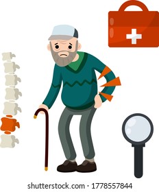 Old man and backache. bones of spine. Medical care. Low back pain and grandpa. Sad Character with cane. Cartoon flat illustration. Red spot on skeleton