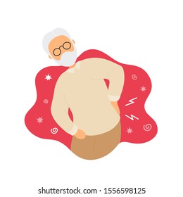 Old man with backache problems. Flat modern trendy style. Vector illustration character icon. Isolated on white background. Pain in back, ache, osteoporosis, aging concept.