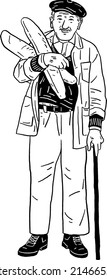Old man with Baguette bread Hand drawn line art Illustration