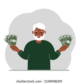 Ein alter Mann mit Banknoten in beiden Händen. Das Konzept des Wohlstands. Vektorgrafik