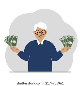 A old man with banknotes in both hands. The concept of wealth. Vector flat illustration