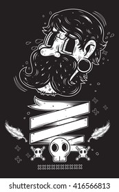 Old man with banner, skull and crossbones on black background